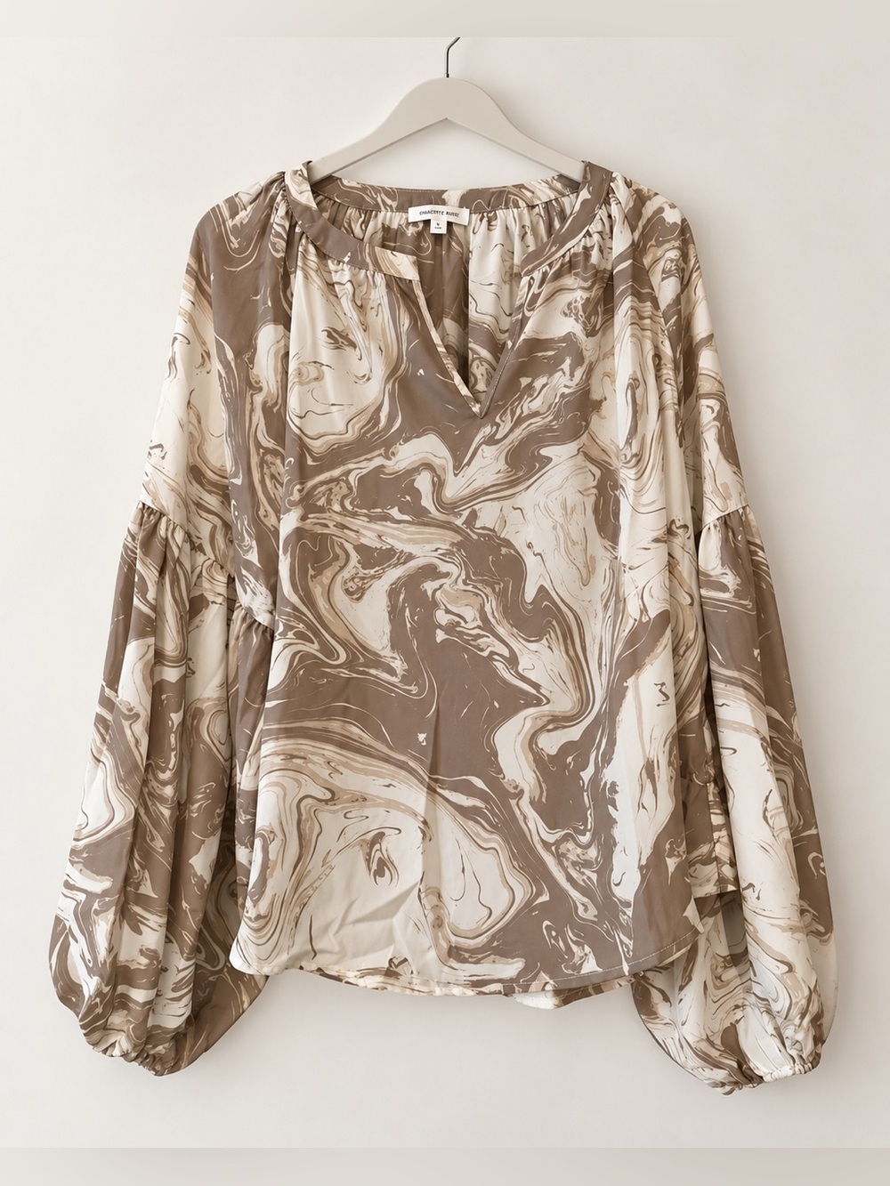 August Sky Brown Ivory Marbled Sheer Blouson Drop Sleeve Boho Top NWT L #1239